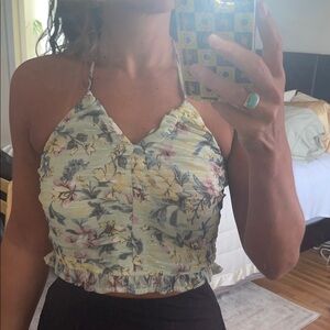 Floral Halter Neck Crop Top - Yellow and Green